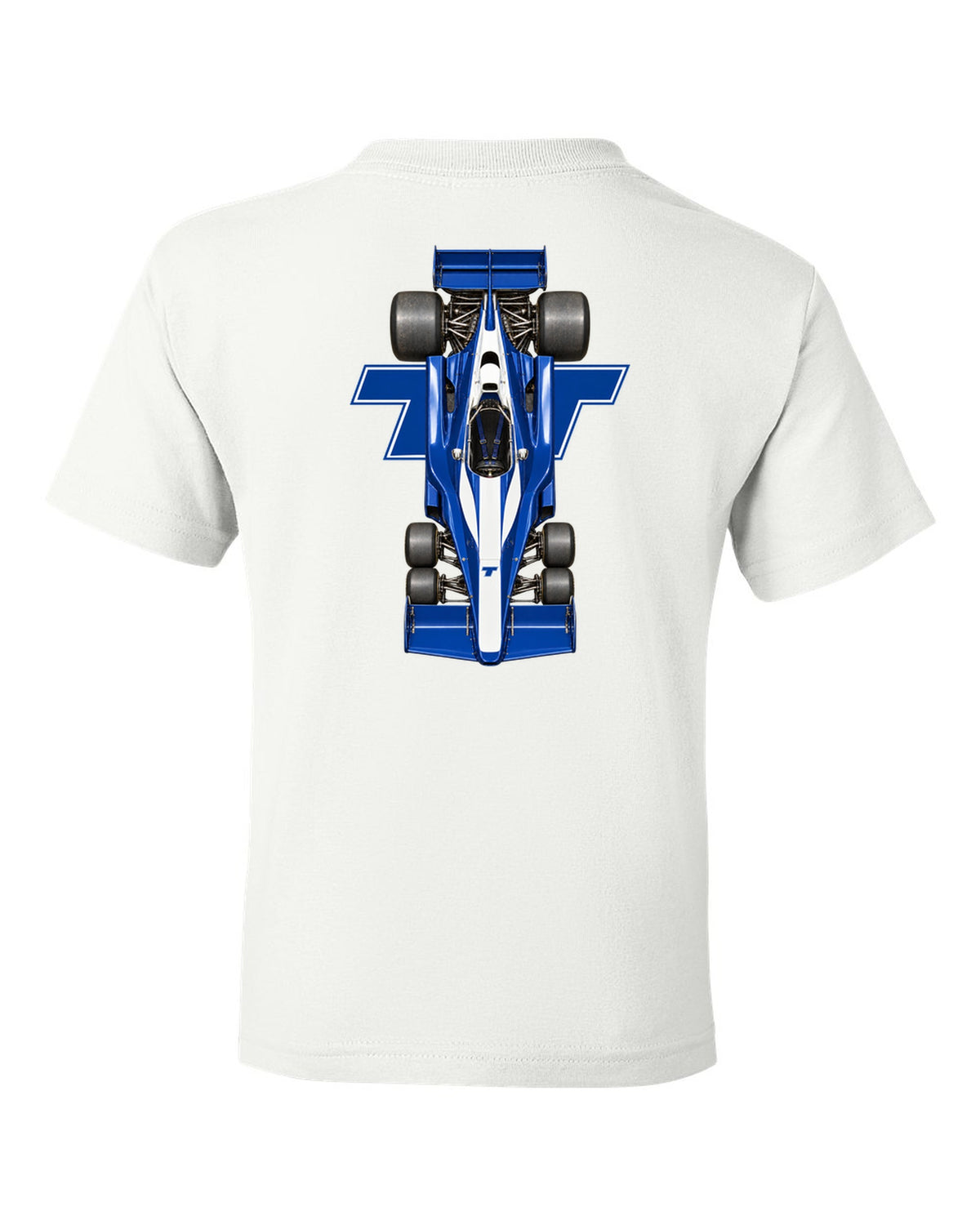 Tyrrell P34 1976 Formula 1 overhead poster artwork white kids tee back view with the design