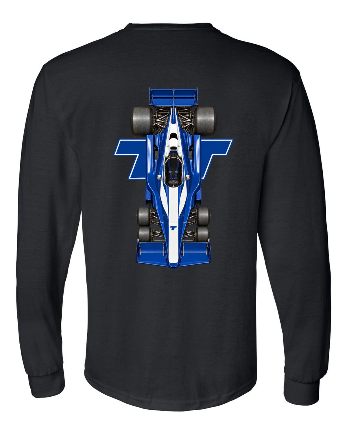 Tyrrell P34 1976 Formula 1 overhead poster artwork black long sleeve back view with the design