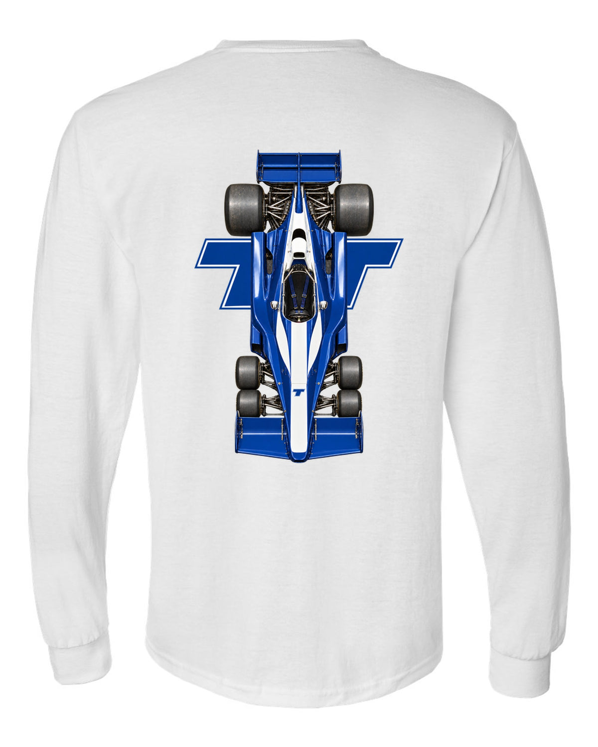 Tyrrell P34 1976 Formula 1 overhead poster artwork white long sleeve back view with the design