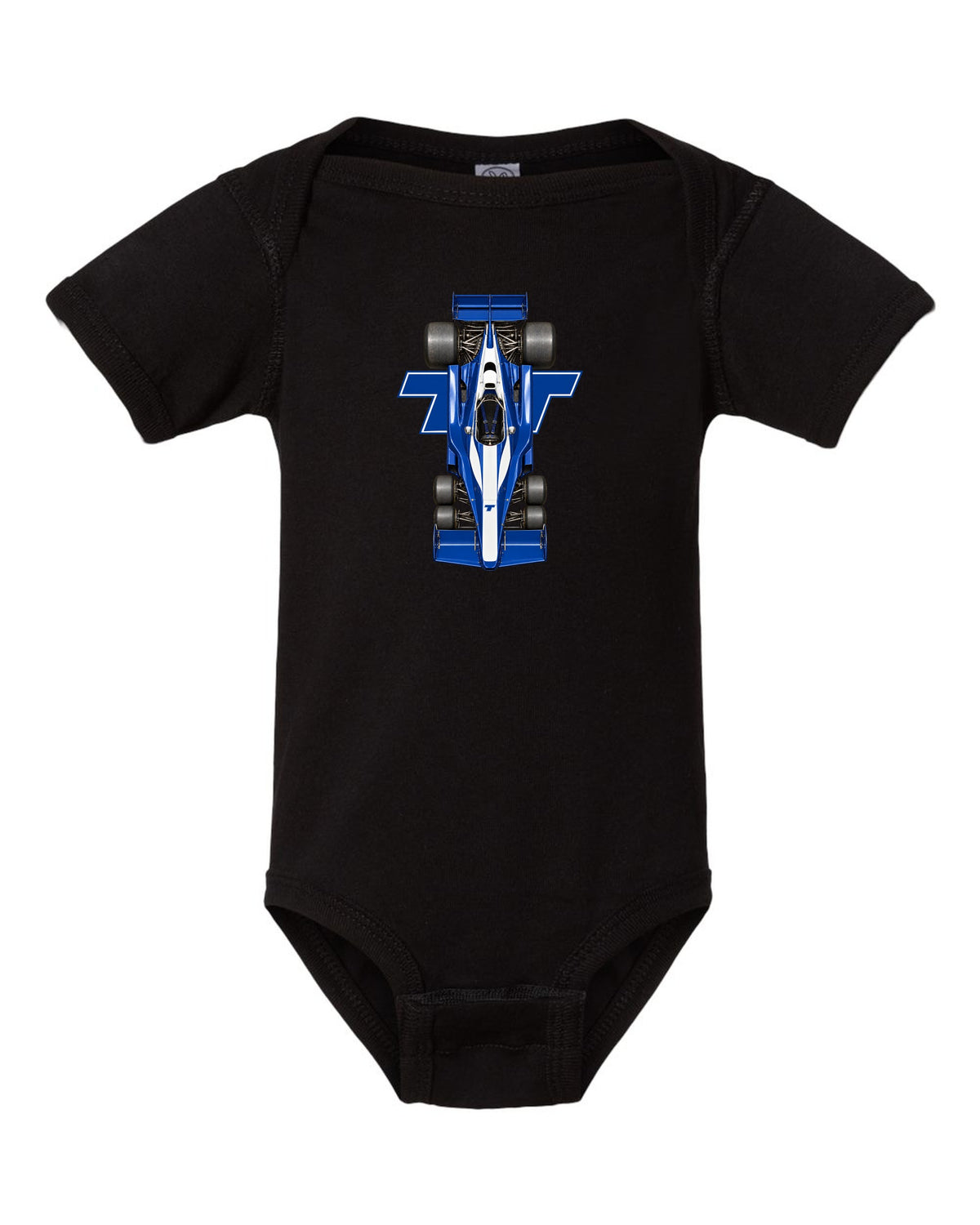 Tyrrell P34 1976 Formula 1 overhead poster artwork black baby onesie front view with the design