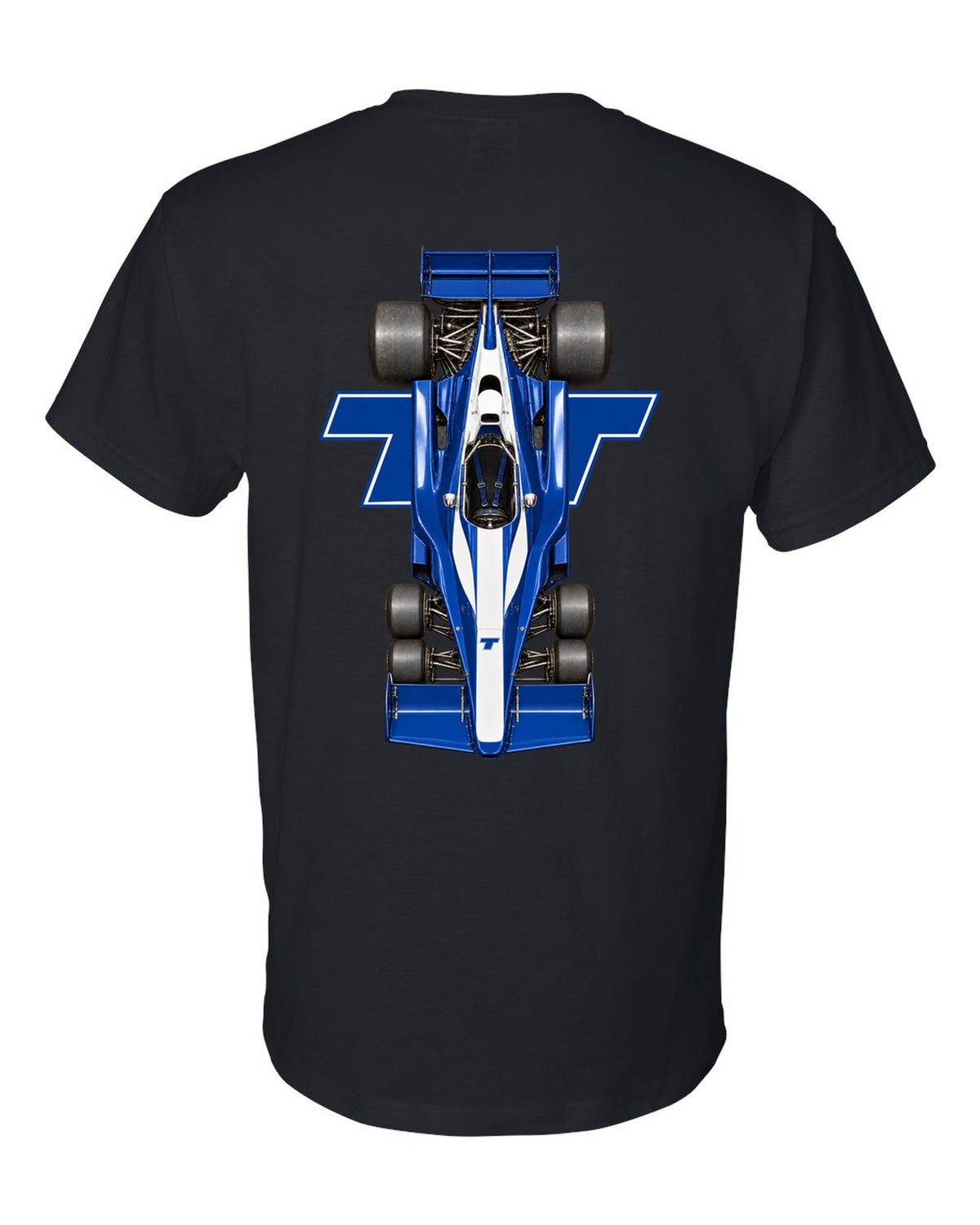 Tyrrell P34 1976 Formula 1 overhead poster artwork black t-shirt back view with the design