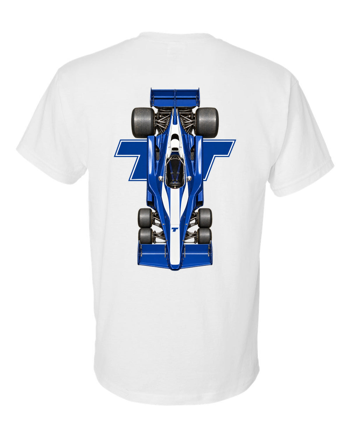 Tyrrell P34 1976 Formula 1 overhead poster artwork white t-shirt back view with the design