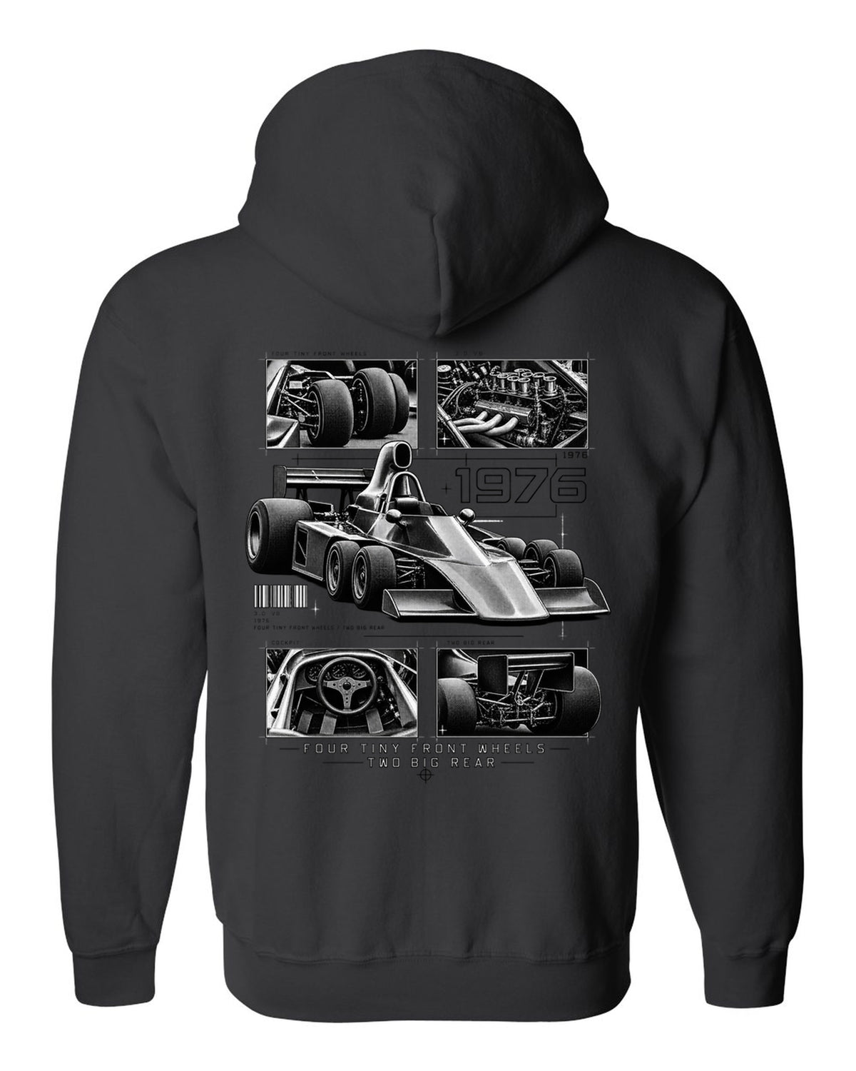 Tyrrell P34 six-wheel F1 car dossier panel print black zip hoodie back view with the design