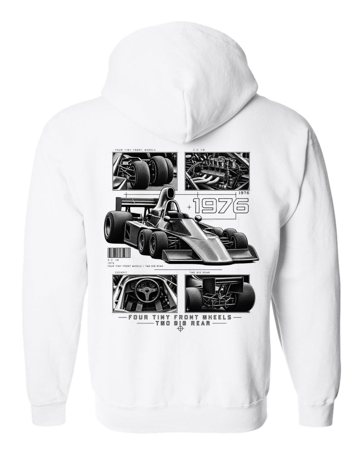 Tyrrell P34 six-wheel F1 car dossier panel print white zip hoodie back view with the design