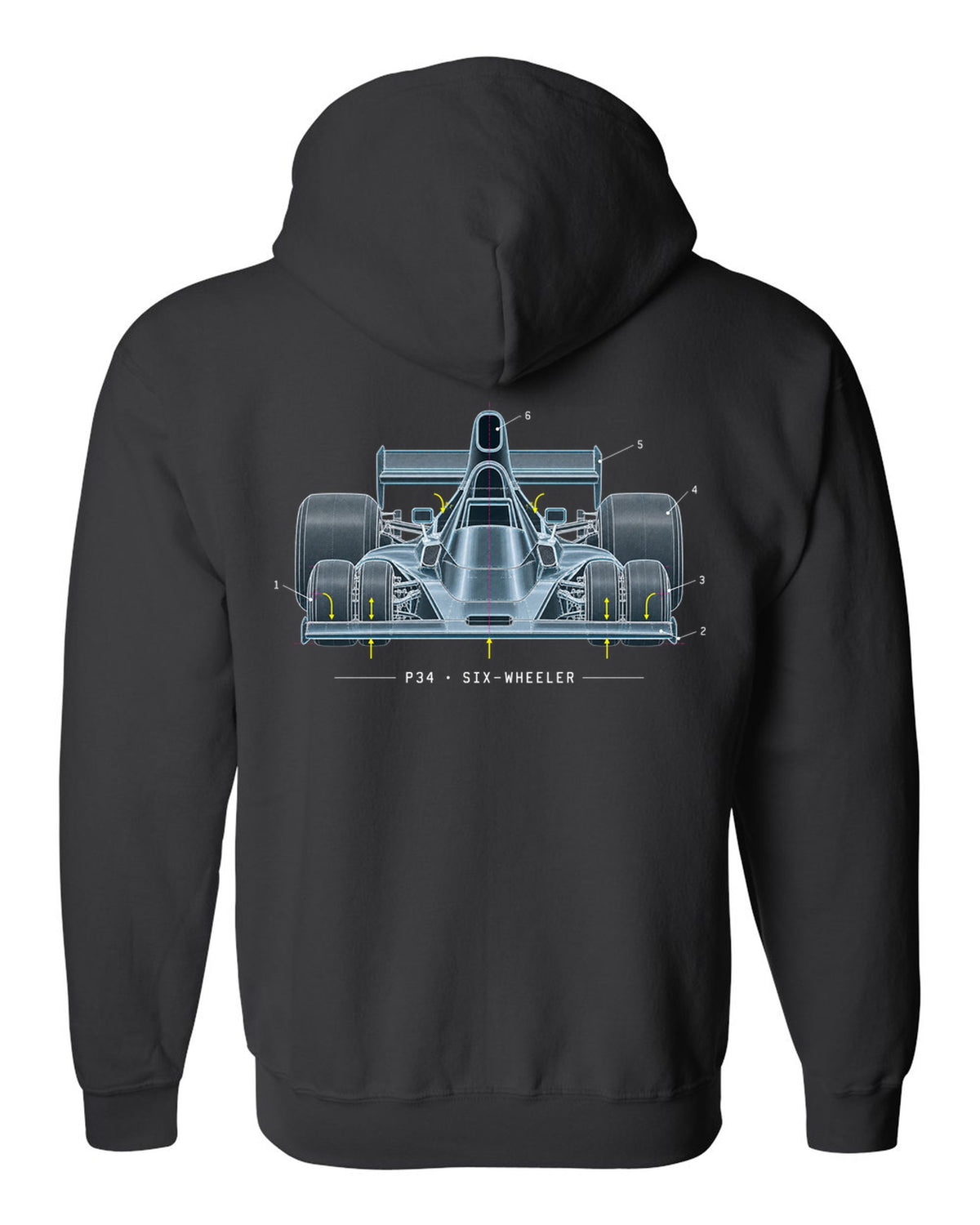 Blueprint patent-style drawing of the Tyrrell P34 six-wheeler black zip hoodie back view with the design