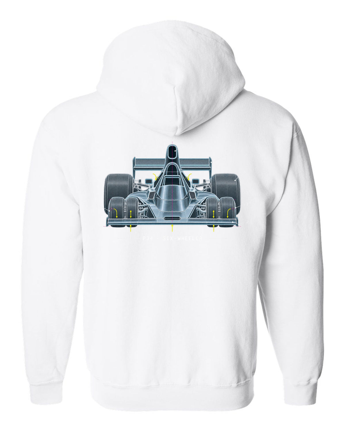 Blueprint patent-style drawing of the Tyrrell P34 six-wheeler white zip hoodie back view with the design