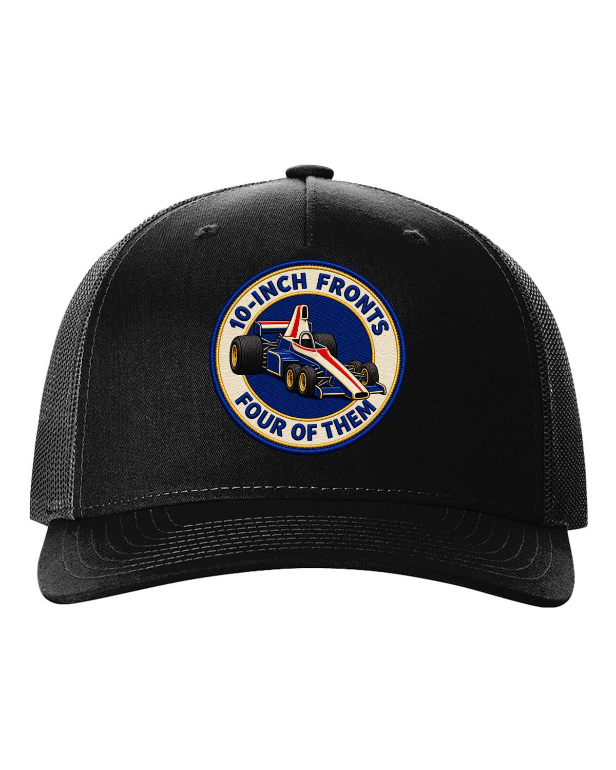 Varsity crest print of the Tyrrell P34 with 10-inch fronts, four of them lettering black hat front view with the design