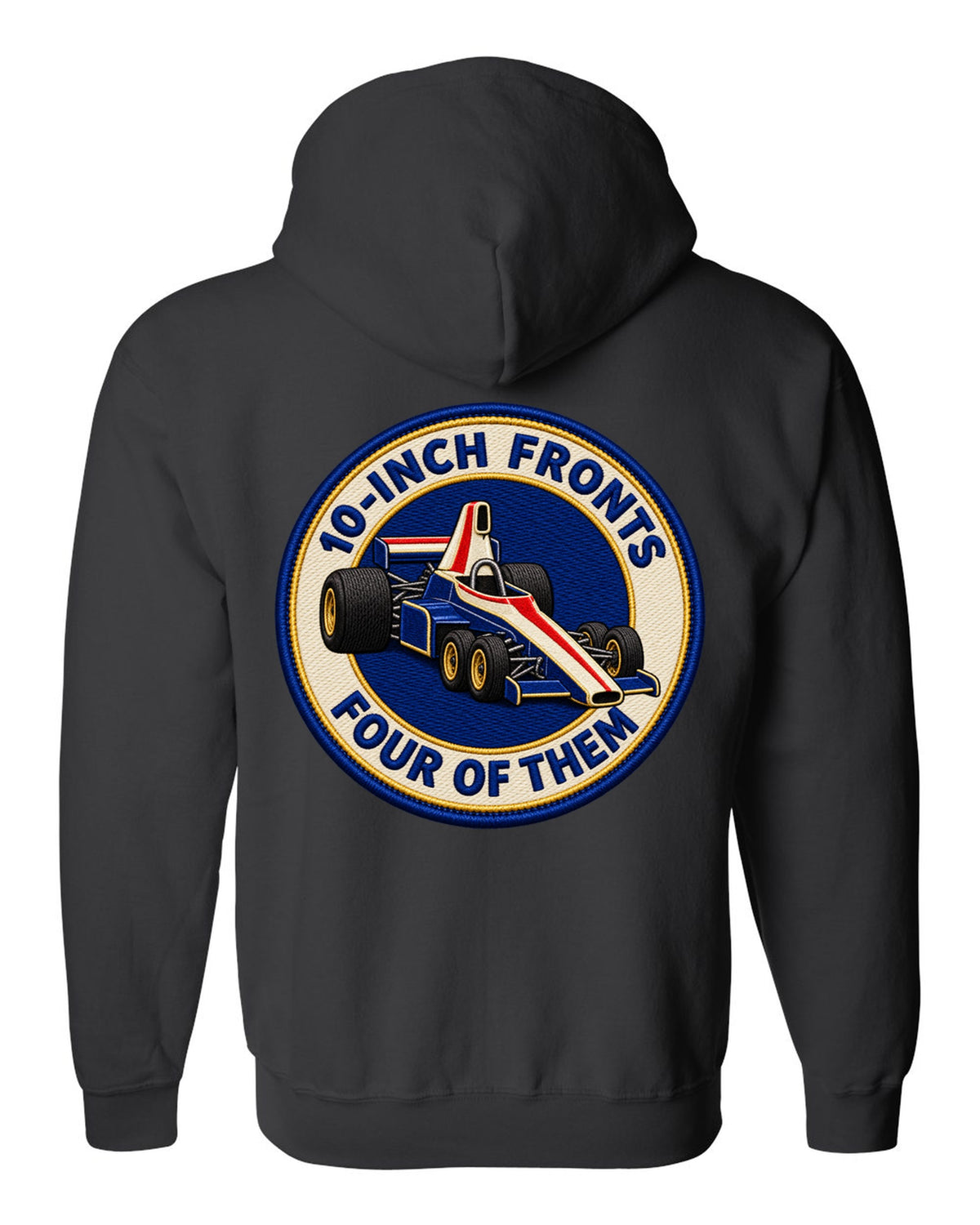 Varsity crest print of the Tyrrell P34 with 10-inch fronts, four of them lettering black zip hoodie back view with the design