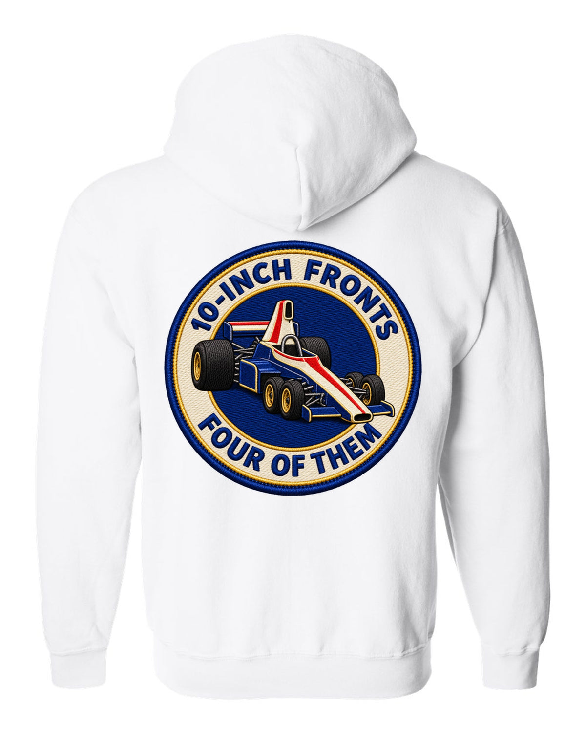 Varsity crest print of the Tyrrell P34 with 10-inch fronts, four of them lettering white zip hoodie back view with the design