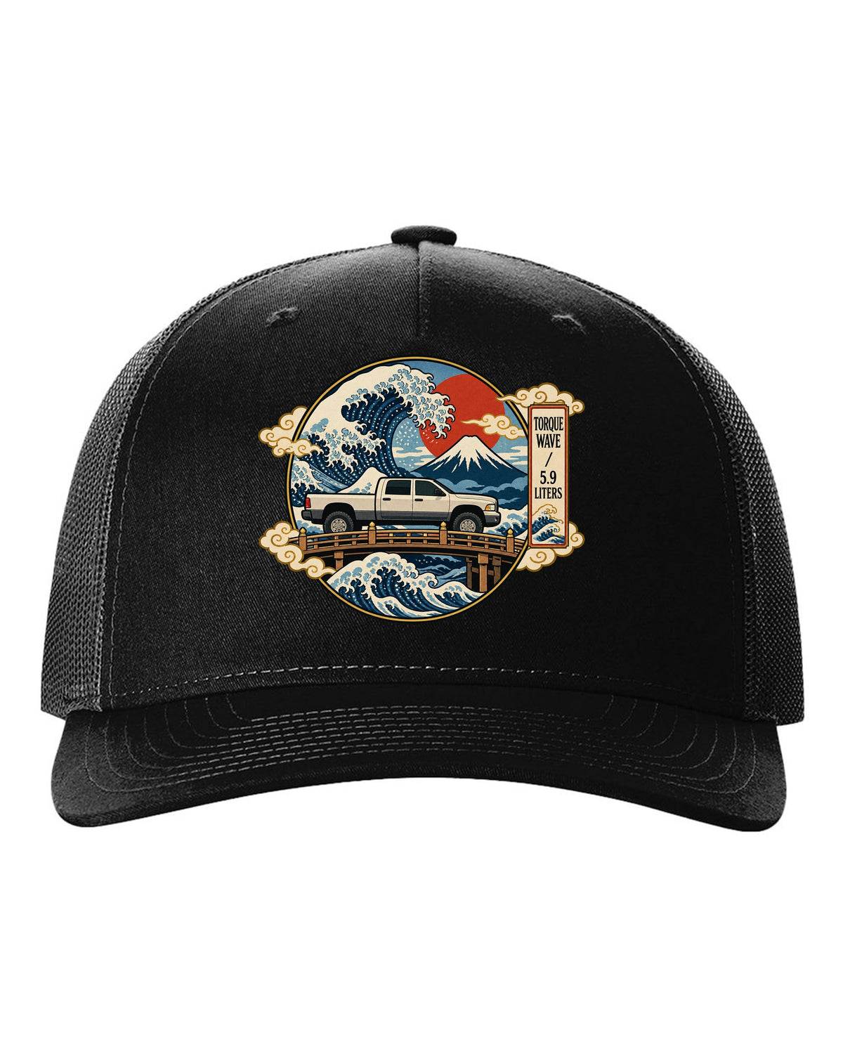 Ukiyo-e woodblock style print of a 2003-2009 Dodge Ram 2500 Cummins with torque wave 5.9 liters text black hat front view with the design