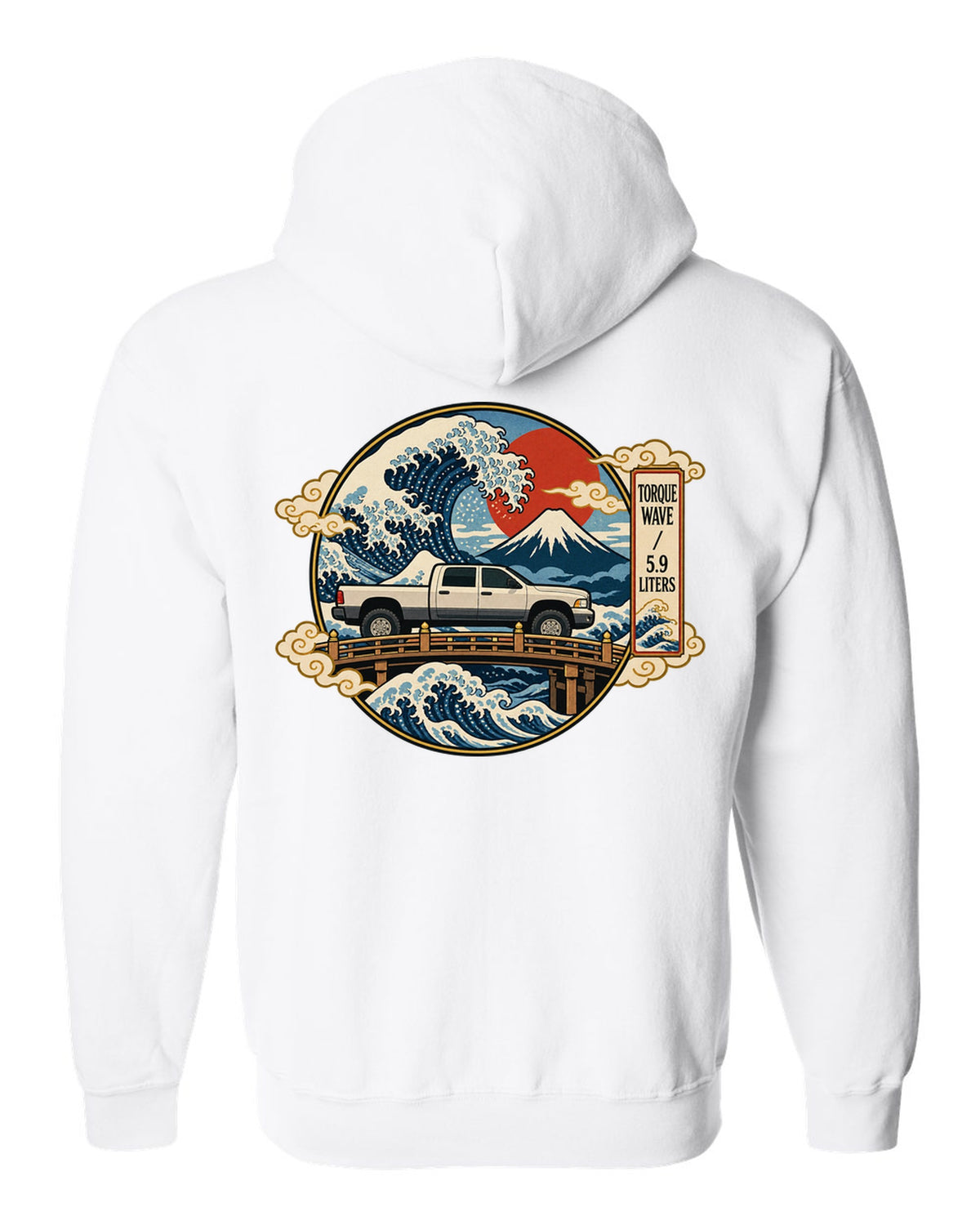 Ukiyo-e woodblock style print of a 2003-2009 Dodge Ram 2500 Cummins with torque wave 5.9 liters text white zip hoodie back view with the design
