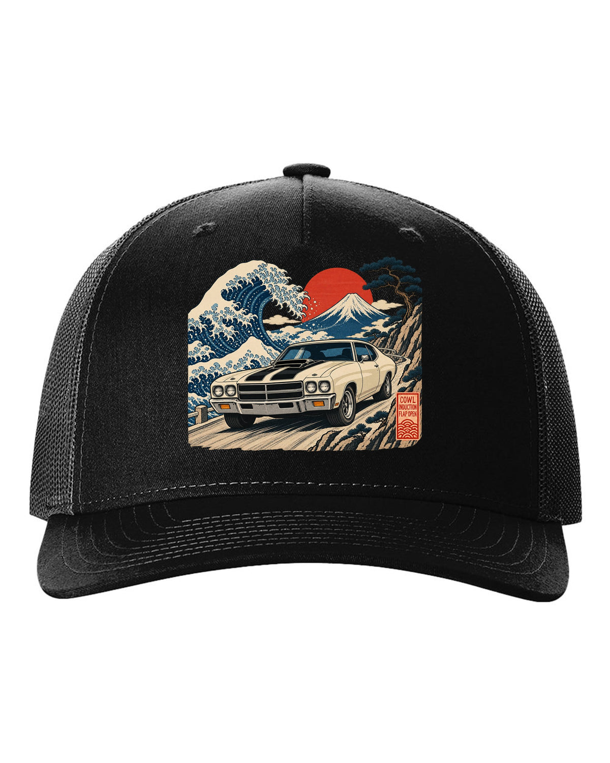 Ukiyo-e woodblock print of a 1970 Chevelle SS with the text Cowl Induction, Flap Open black hat front view with the design