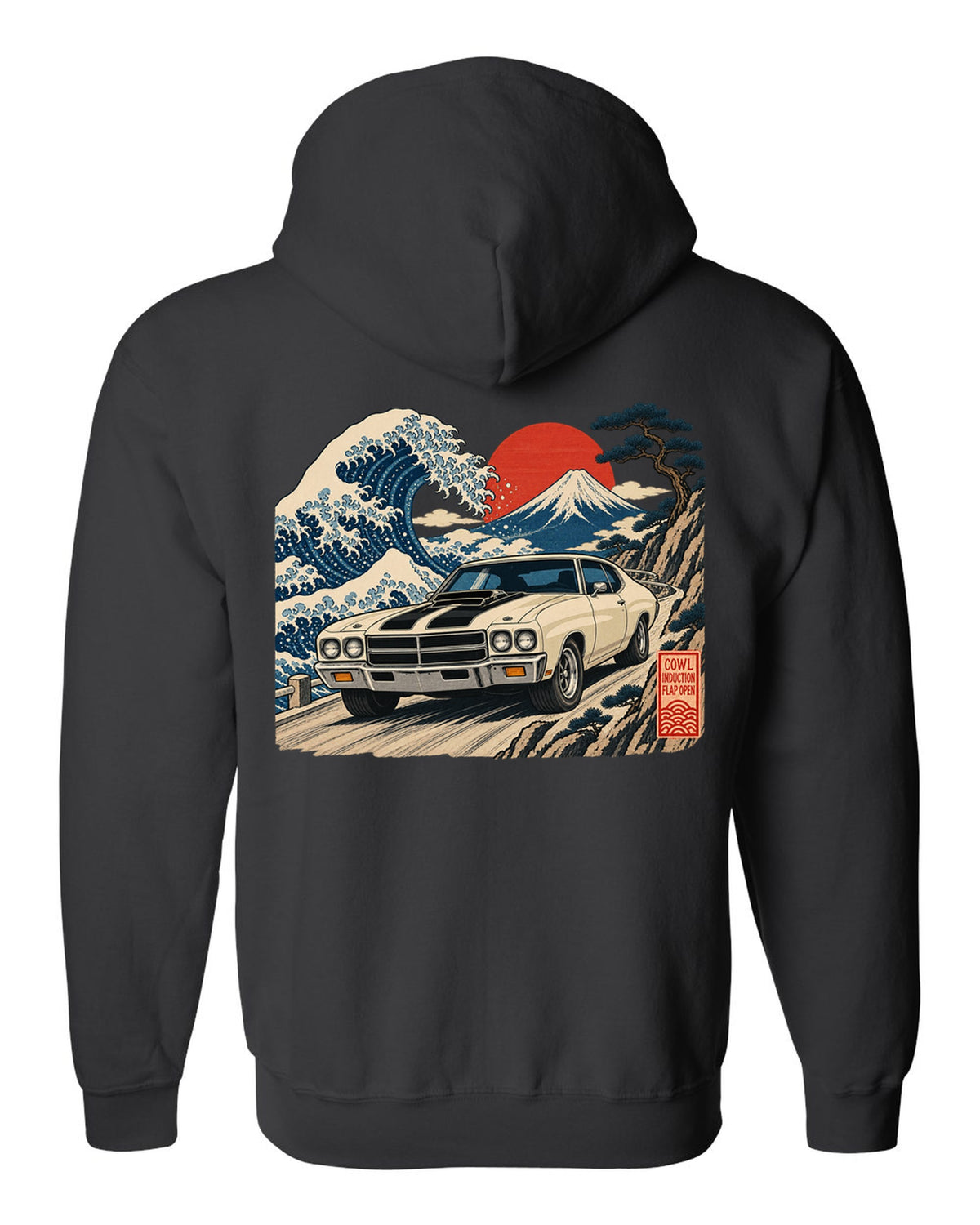 Ukiyo-e woodblock print of a 1970 Chevelle SS with the text Cowl Induction, Flap Open black zip hoodie back view with the design