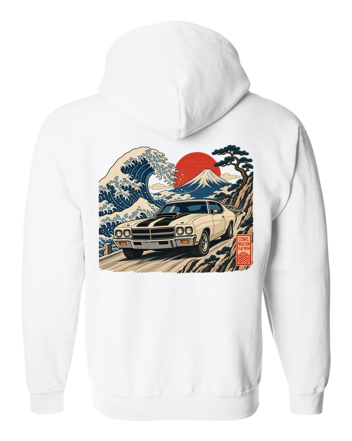 Ukiyo-e woodblock print of a 1970 Chevelle SS with the text Cowl Induction, Flap Open white zip hoodie back view with the design