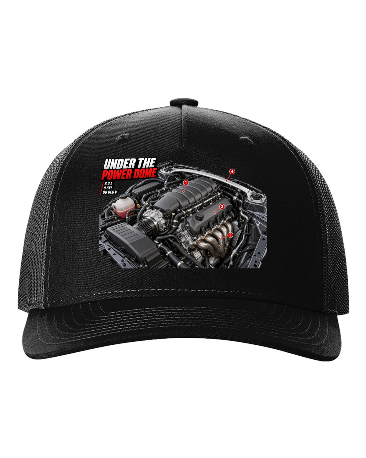 print of the Mercedes C63 AMG W204 M156 engine bay with the text Under The Power Dome black hat front view with the design