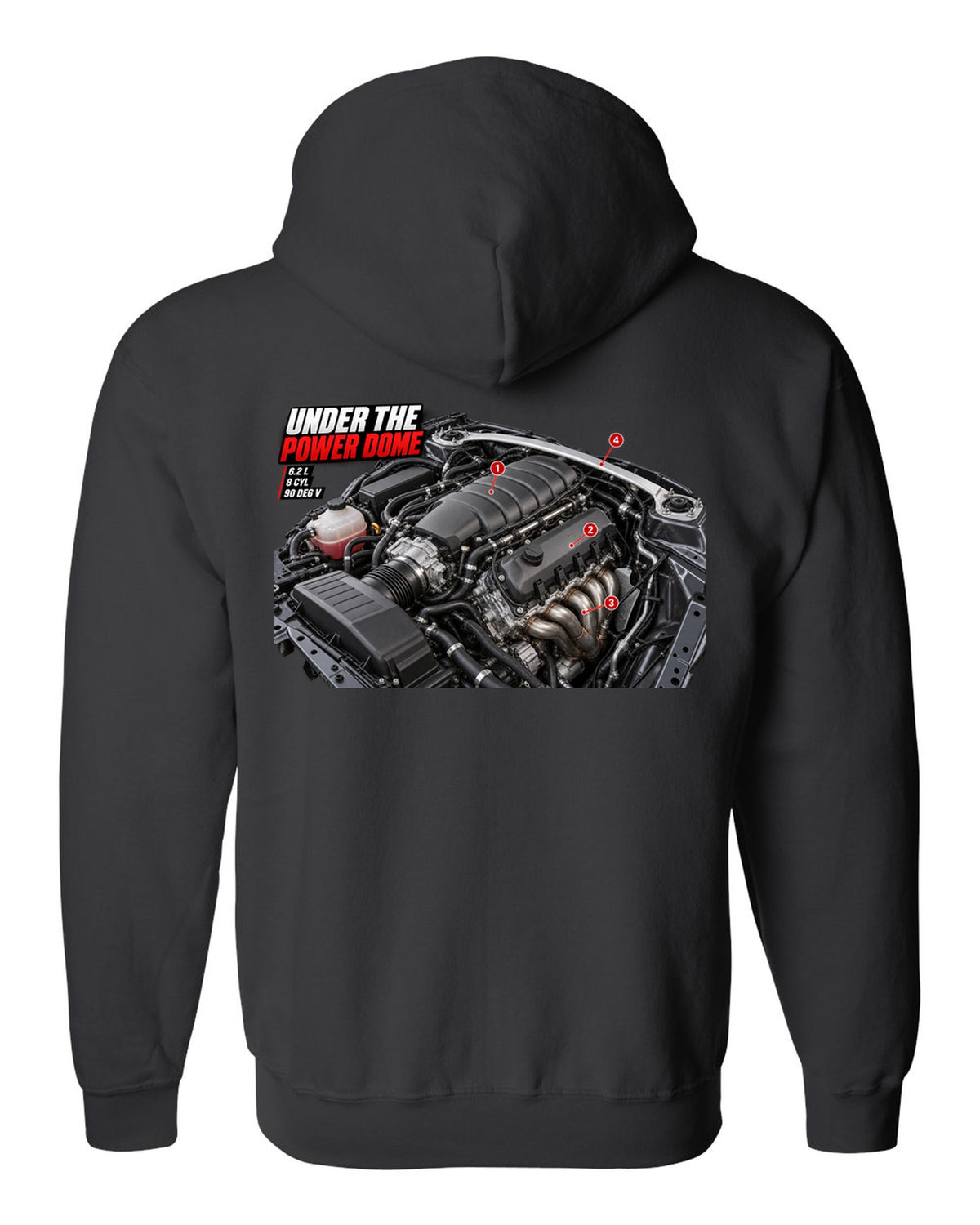 print of the Mercedes C63 AMG W204 M156 engine bay with the text Under The Power Dome black zip hoodie back view with the design