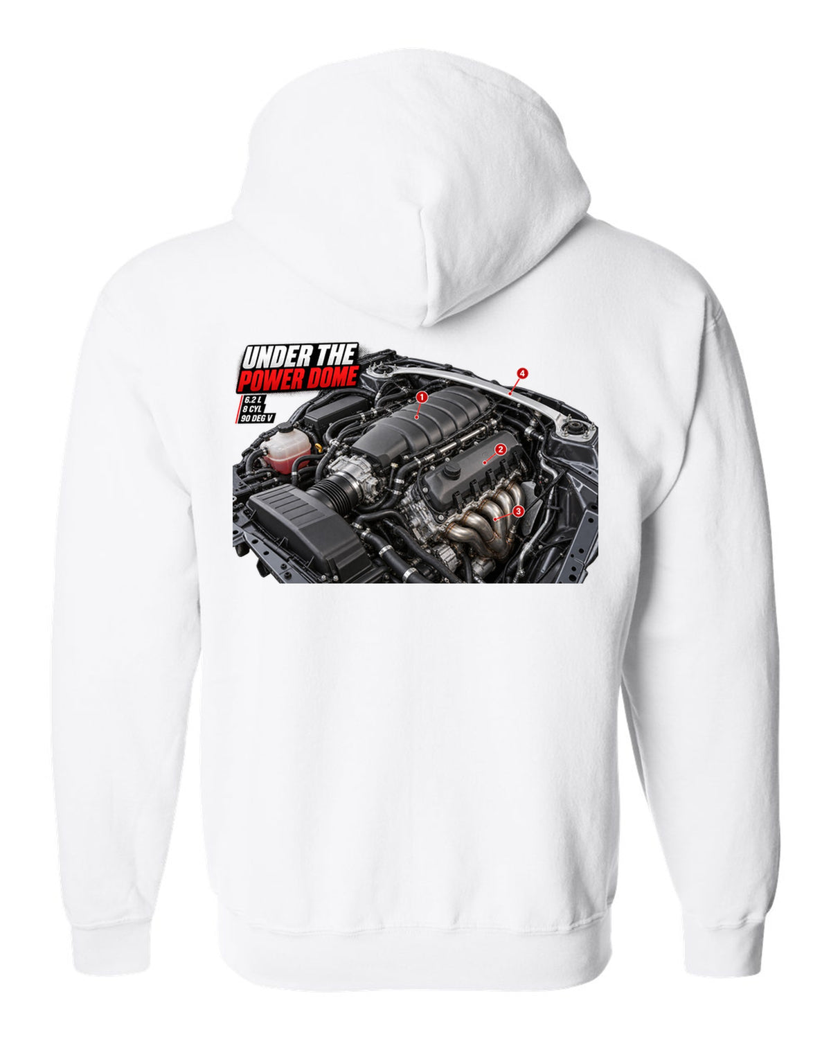 print of the Mercedes C63 AMG W204 M156 engine bay with the text Under The Power Dome white zip hoodie back view with the design