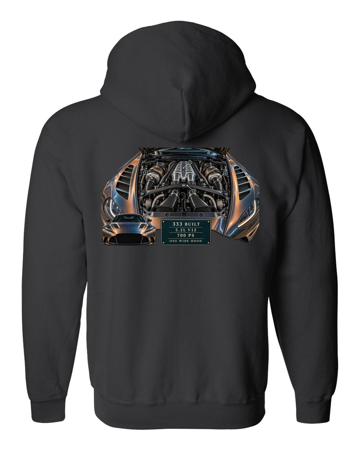 Aston Martin V12 Vantage 2022 engine hero print with 333 built 5.2L V12 700 PS text black zip hoodie back view with the design