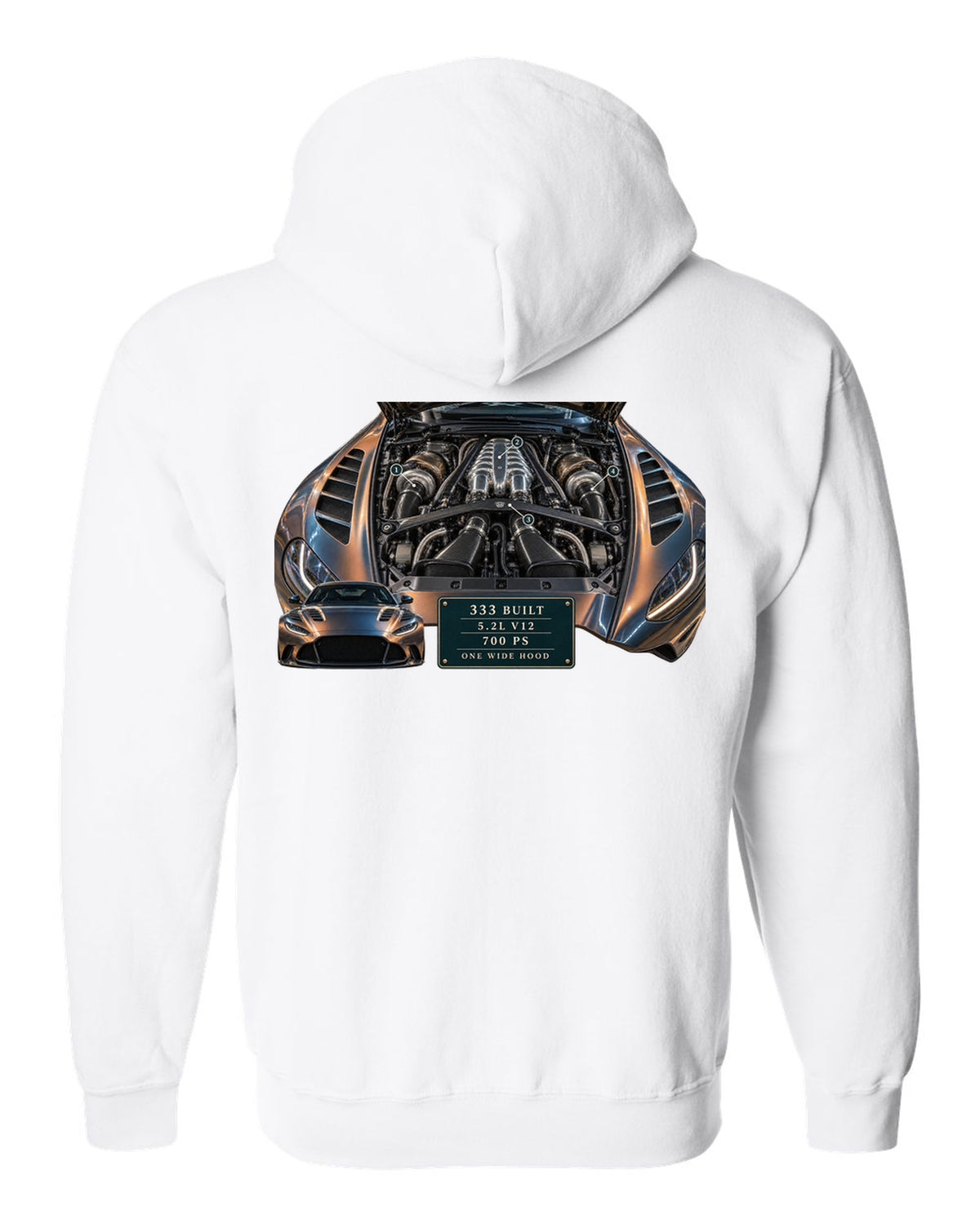 Aston Martin V12 Vantage 2022 engine hero print with 333 built 5.2L V12 700 PS text white zip hoodie back view with the design