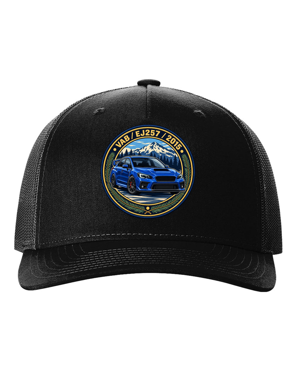 Subaru WRX STI VAB round varsity crest print, VAB / EJ257 / 2015 black hat front view with the design