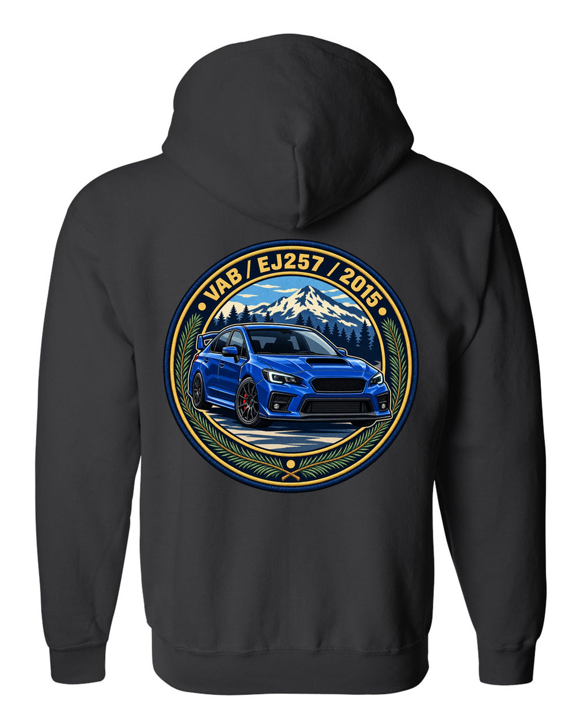 Subaru WRX STI VAB round varsity crest print, VAB / EJ257 / 2015 black zip hoodie back view with the design