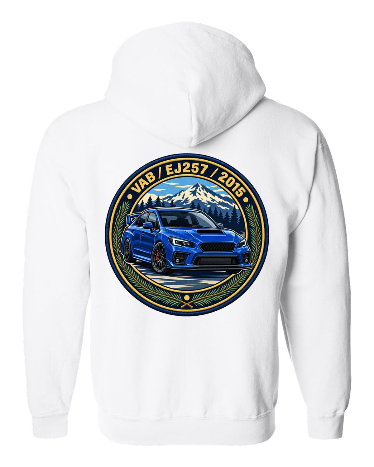 Subaru WRX STI VAB round varsity crest print, VAB / EJ257 / 2015 white zip hoodie back view with the design