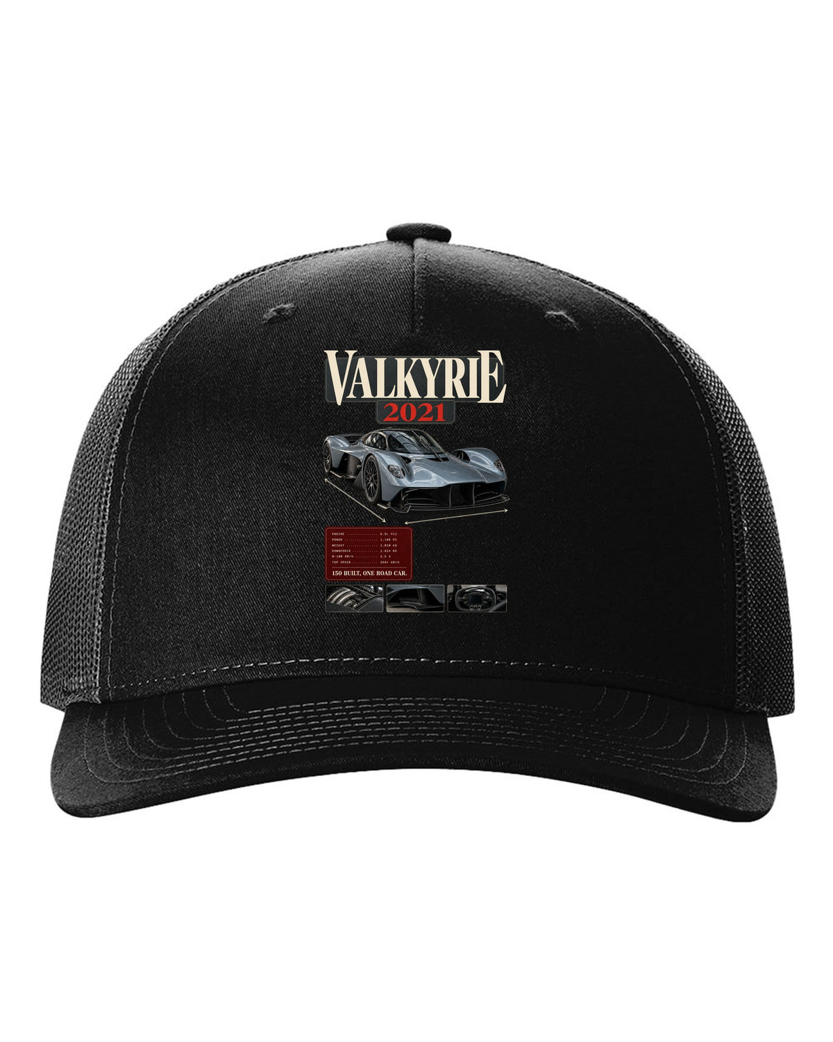 Aston Martin Valkyrie 2021 archive panel print with 150 built one road car text black hat front view with the design