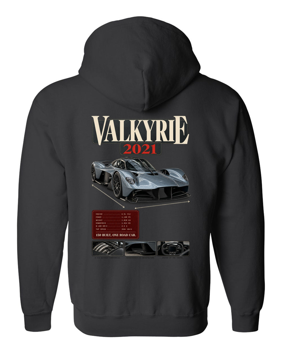 Aston Martin Valkyrie 2021 archive panel print with 150 built one road car text black zip hoodie back view with the design