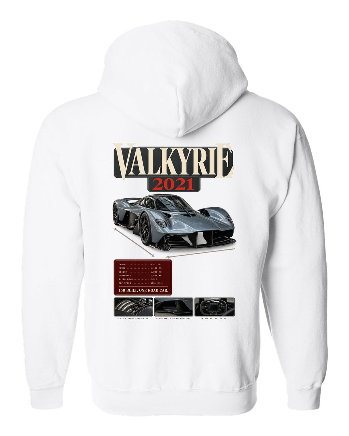 Aston Martin Valkyrie 2021 archive panel print with 150 built one road car text white zip hoodie back view with the design