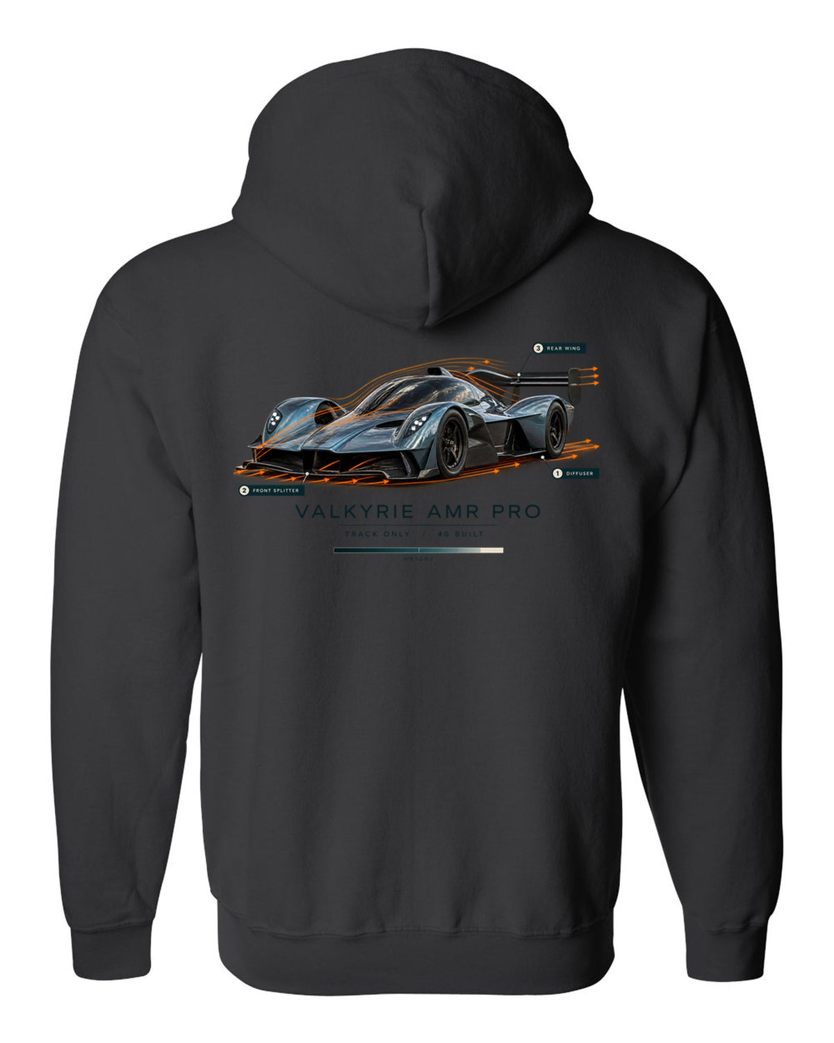 Aston Martin Valkyrie AMR Pro 2022 airflow cutaway print with track only 40 built text black zip hoodie back view with the design