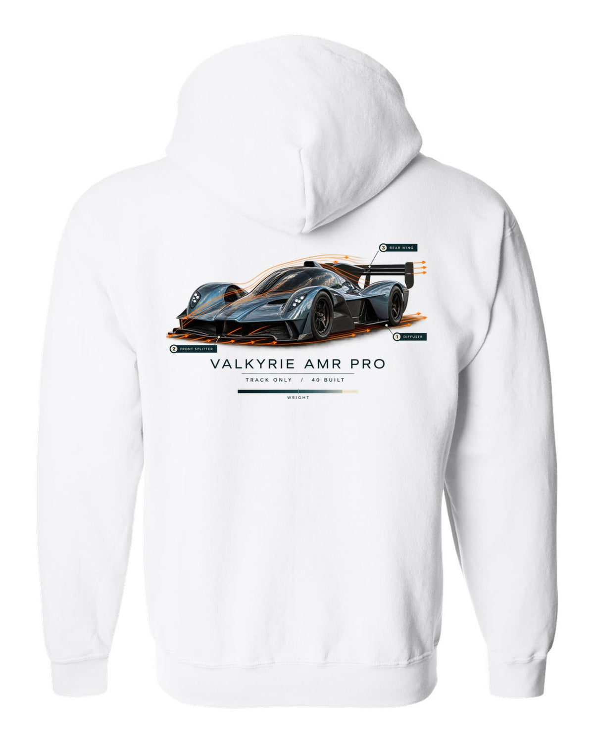 Aston Martin Valkyrie AMR Pro 2022 airflow cutaway print with track only 40 built text white zip hoodie back view with the design