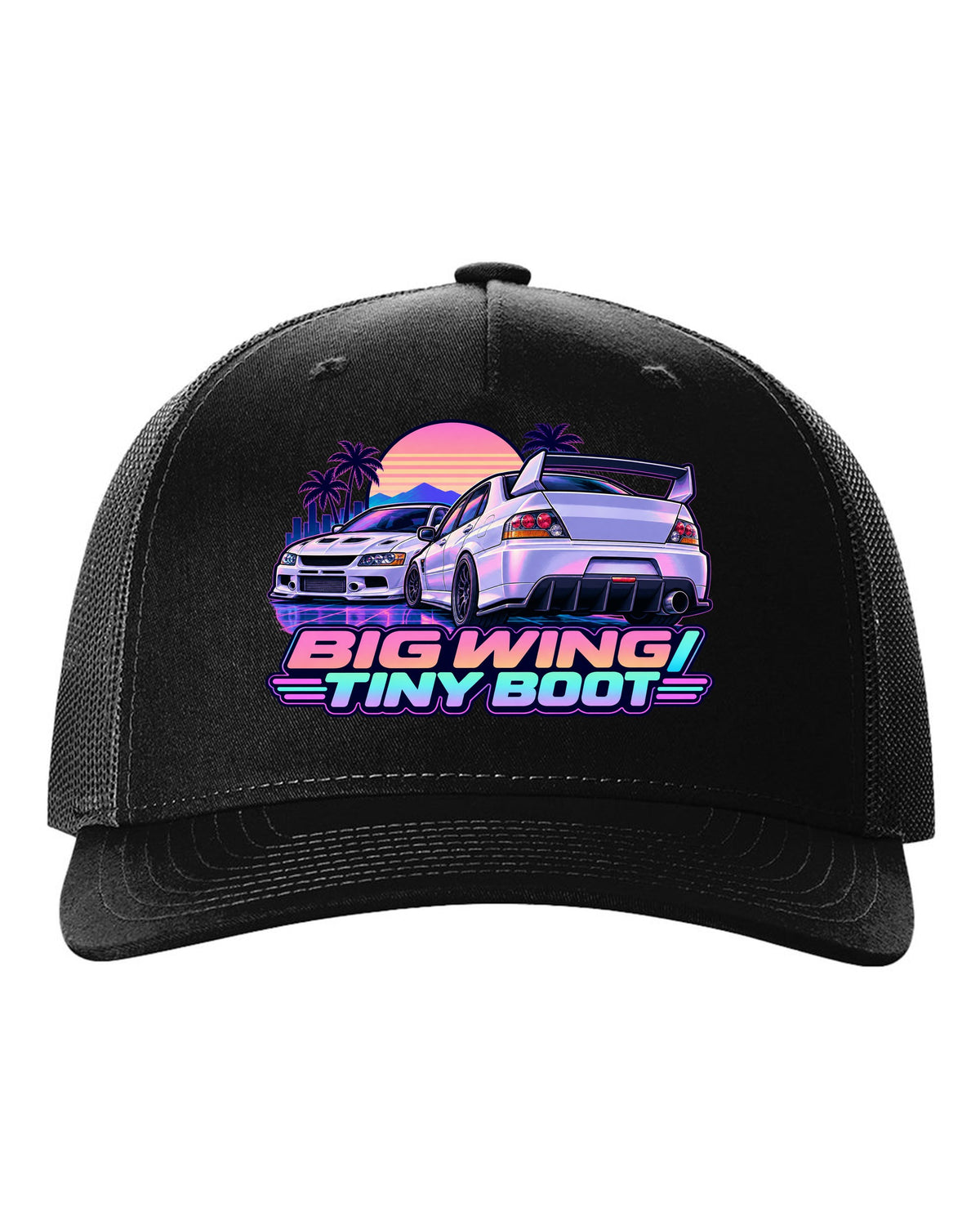 Vaporwave pastel print of the Mitsubishi Evo IX CT9A with big wing tiny boot text black hat front view with the design