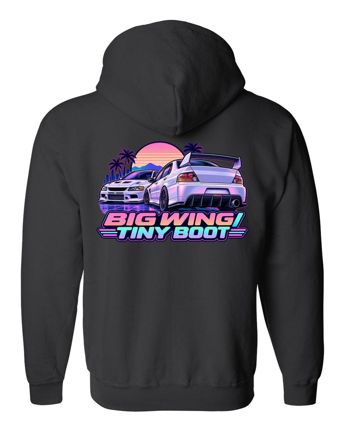 Vaporwave pastel print of the Mitsubishi Evo IX CT9A with big wing tiny boot text black zip hoodie back view with the design