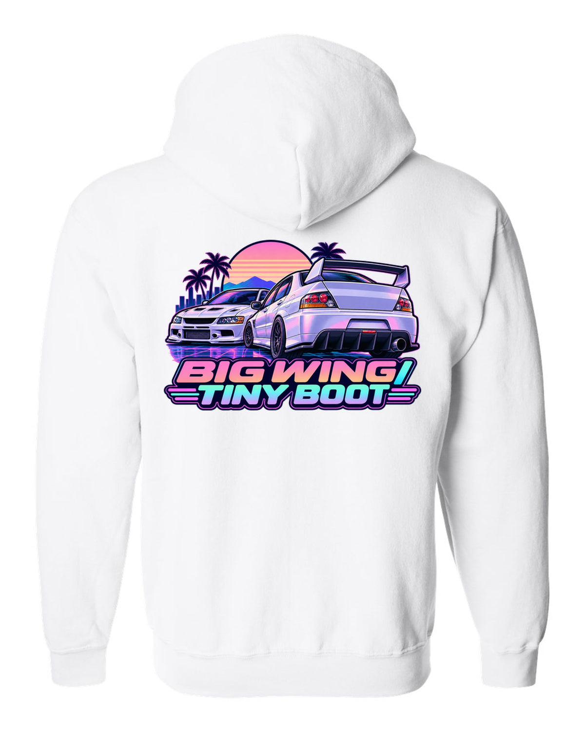 Vaporwave pastel print of the Mitsubishi Evo IX CT9A with big wing tiny boot text white zip hoodie back view with the design
