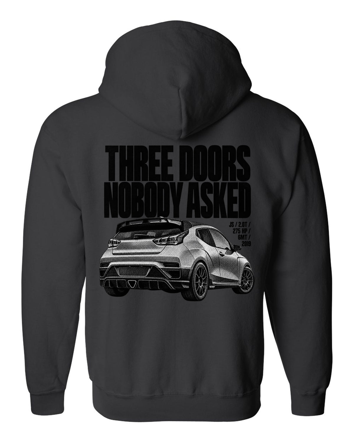 Hyundai Veloster N JS halftone print with three doors text black zip hoodie back view with the design
