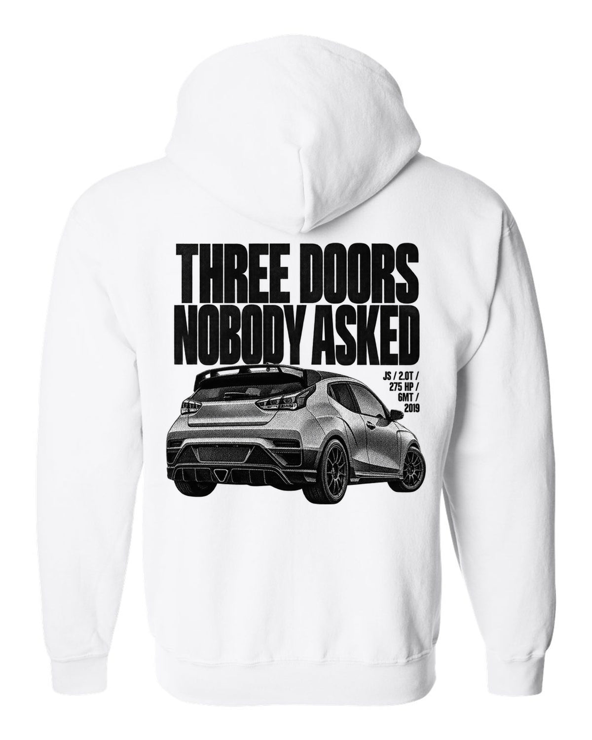 Hyundai Veloster N JS halftone print with three doors text white zip hoodie back view with the design
