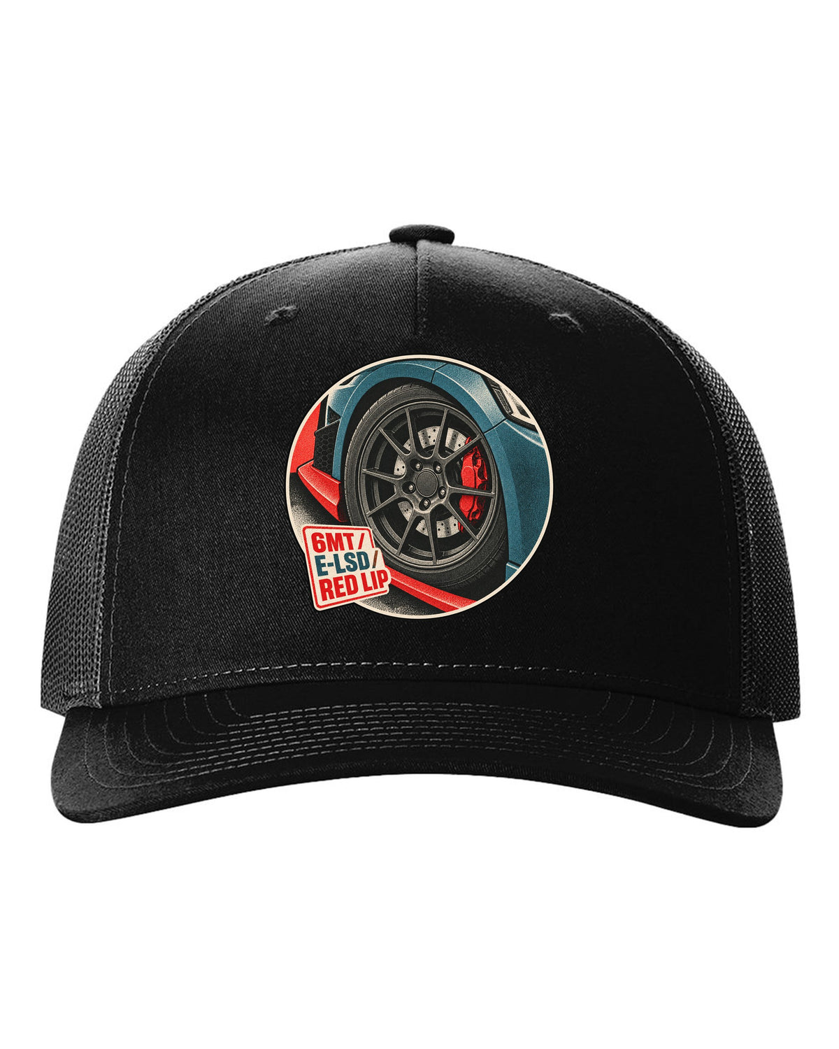 Risograph duotone print of a Hyundai Veloster N JS wheel and red front lip with 6MT E-LSD text black hat front view with the design