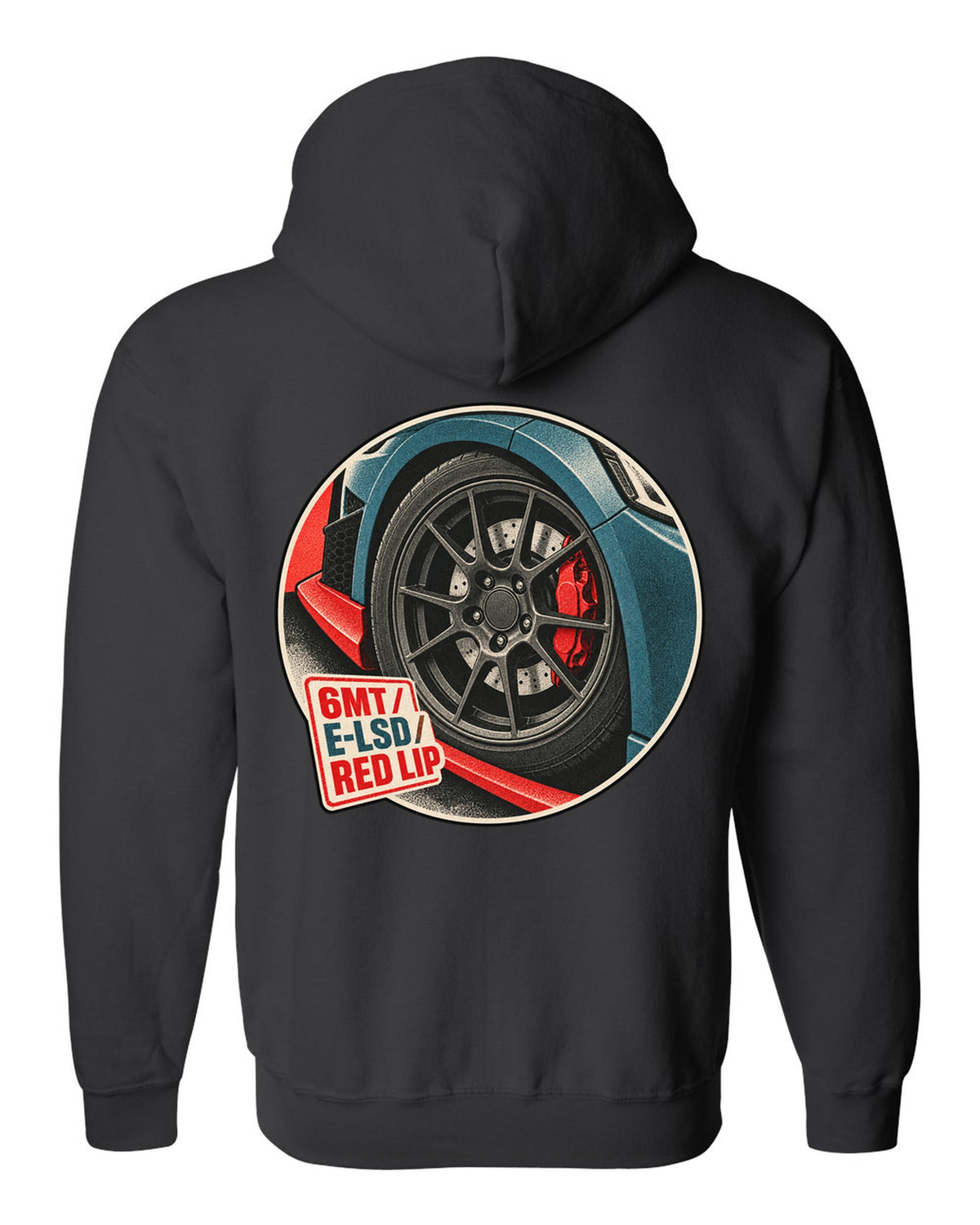 Risograph duotone print of a Hyundai Veloster N JS wheel and red front lip with 6MT E-LSD text black zip hoodie back view with the design