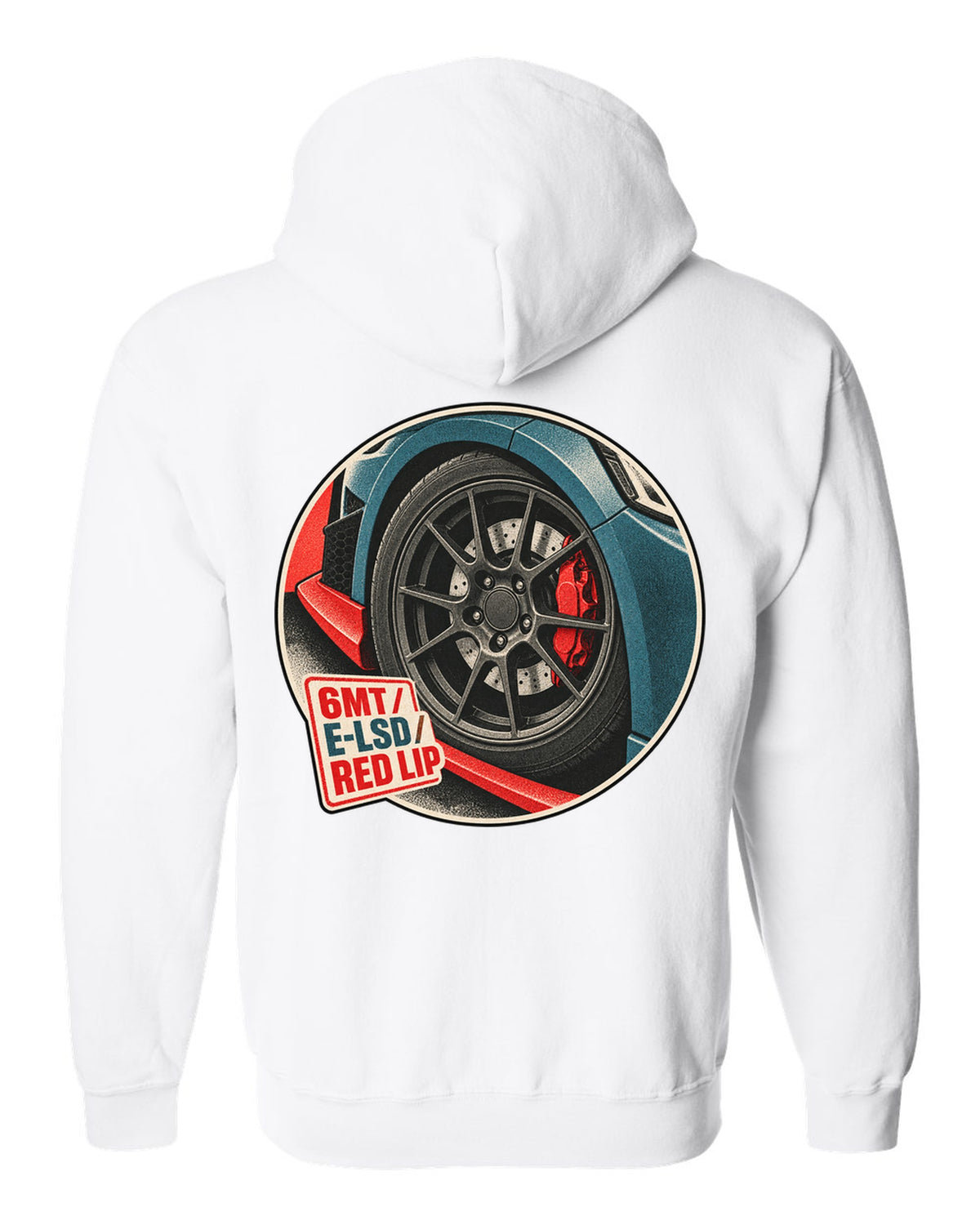Risograph duotone print of a Hyundai Veloster N JS wheel and red front lip with 6MT E-LSD text white zip hoodie back view with the design