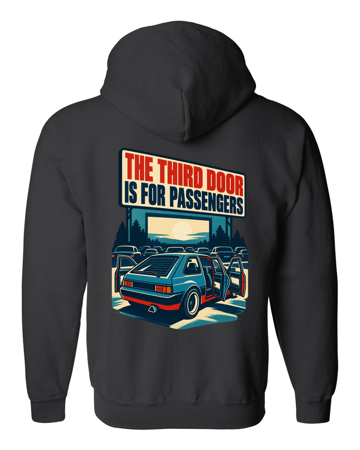 1960s litho race poster print of a Hyundai Veloster N JS with third door text black zip hoodie back view with the design