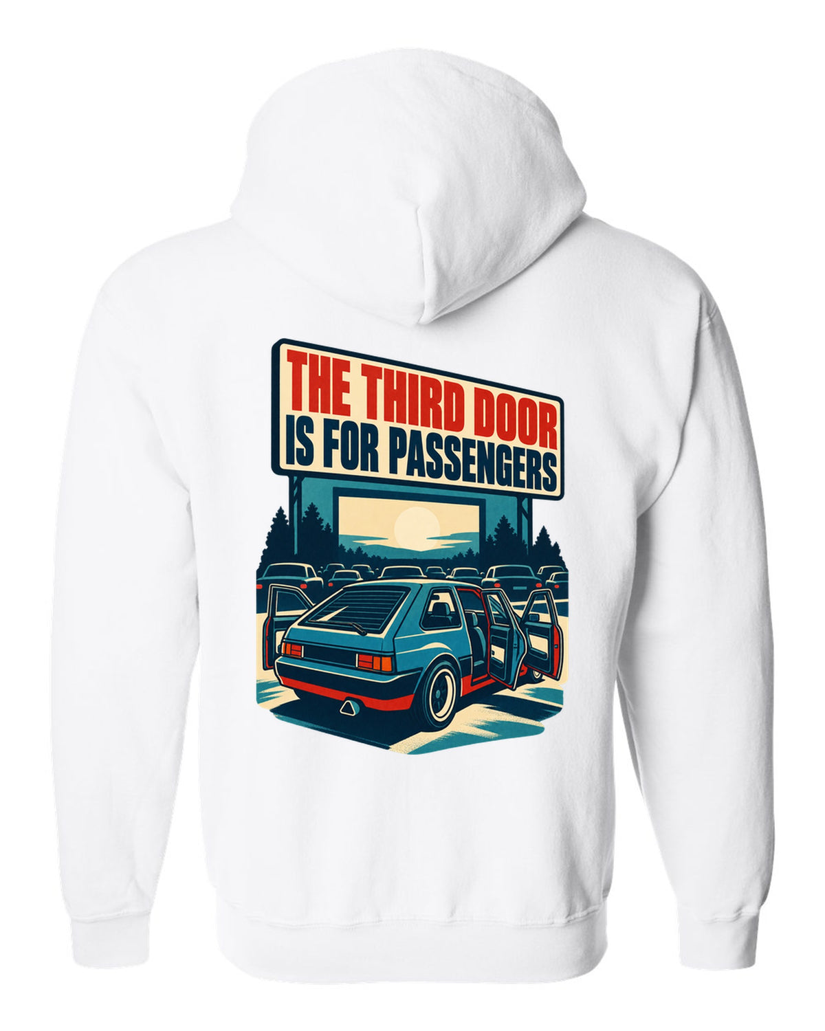 1960s litho race poster print of a Hyundai Veloster N JS with third door text white zip hoodie back view with the design