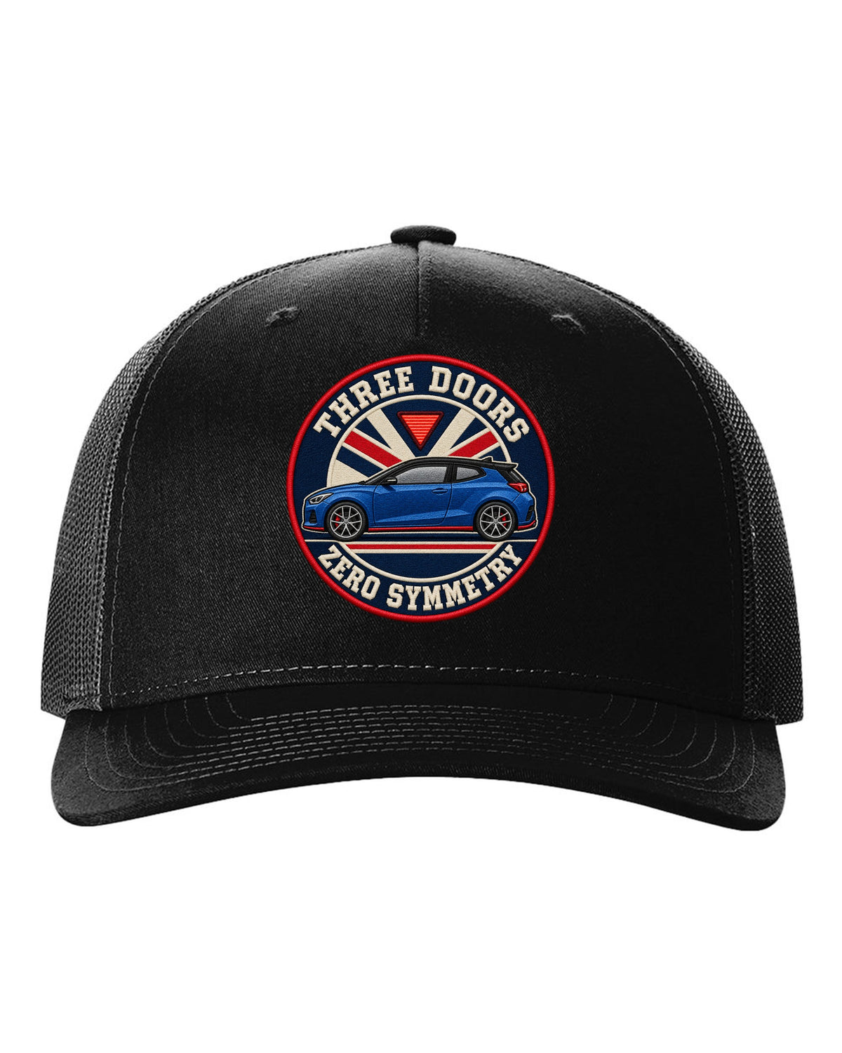 Embroidery varsity crest print for a Hyundai Veloster N JS with three doors zero symmetry text black hat front view with the design