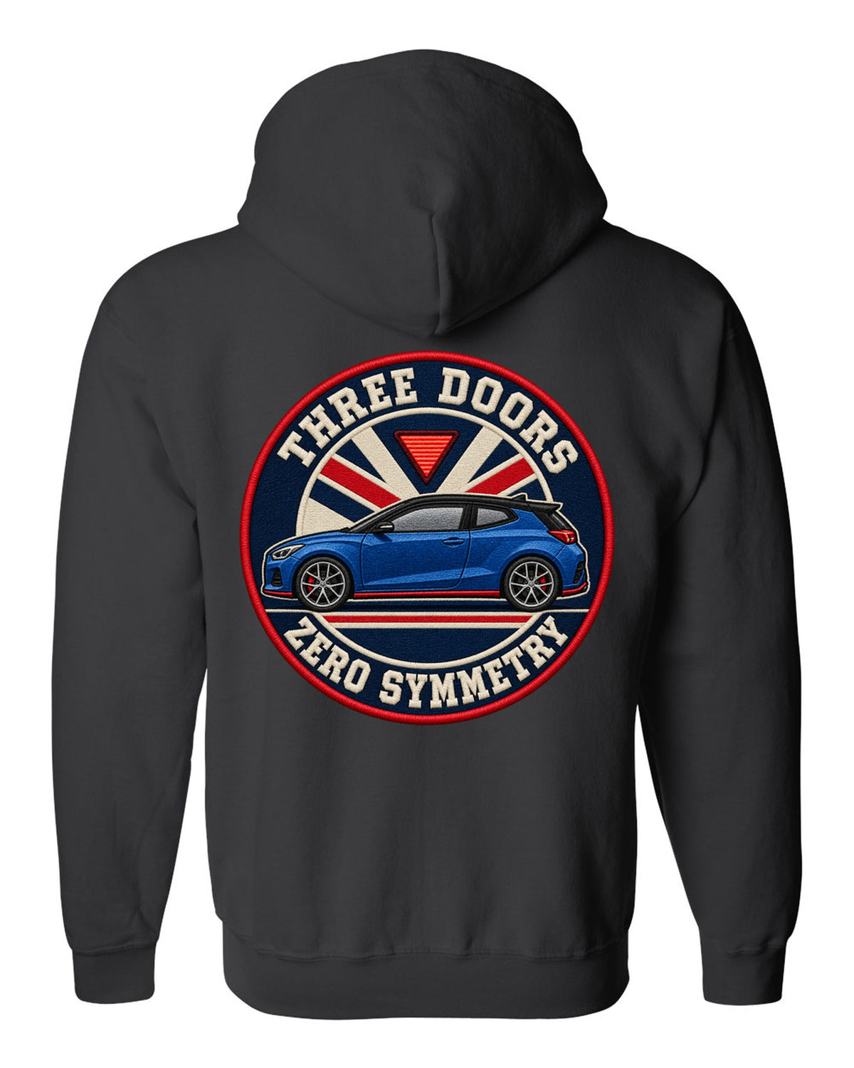 Embroidery varsity crest print for a Hyundai Veloster N JS with three doors zero symmetry text black zip hoodie back view with the design