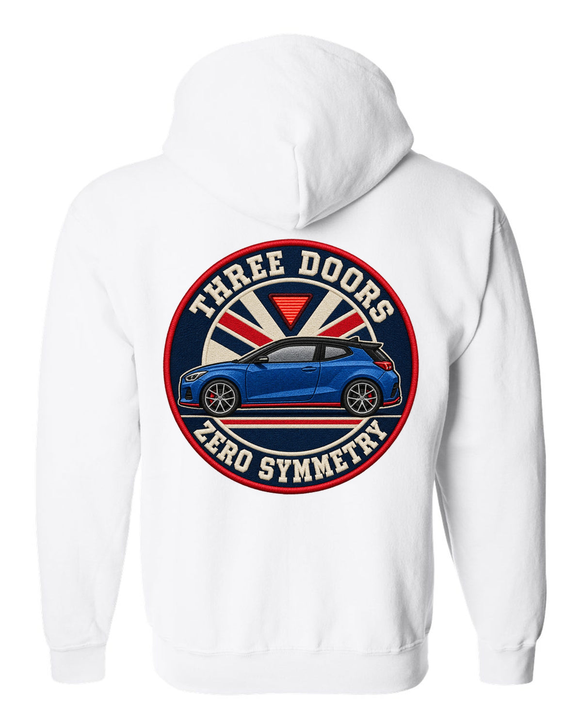Embroidery varsity crest print for a Hyundai Veloster N JS with three doors zero symmetry text white zip hoodie back view with the design