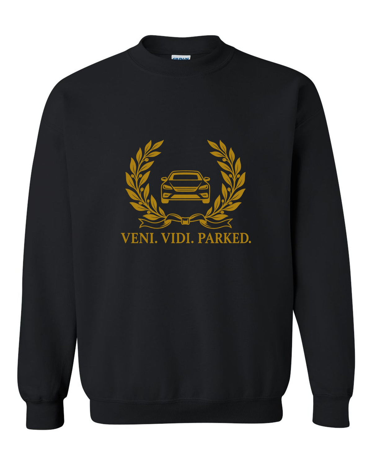 Olive branches and ribbon around a tiny front-view car black crewneck front view with the design