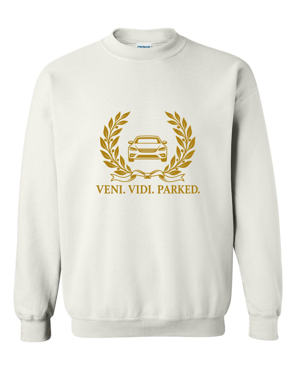 Olive branches and ribbon around a tiny front-view car white crewneck front view with the design