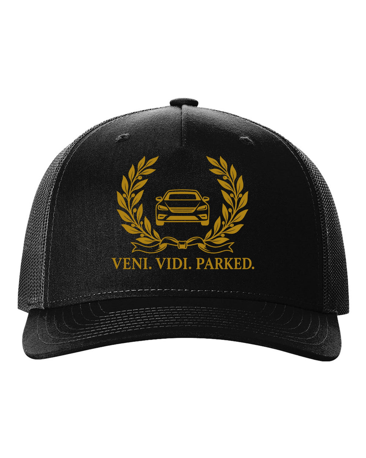 Olive branches and ribbon around a tiny front-view car black hat front view with the design