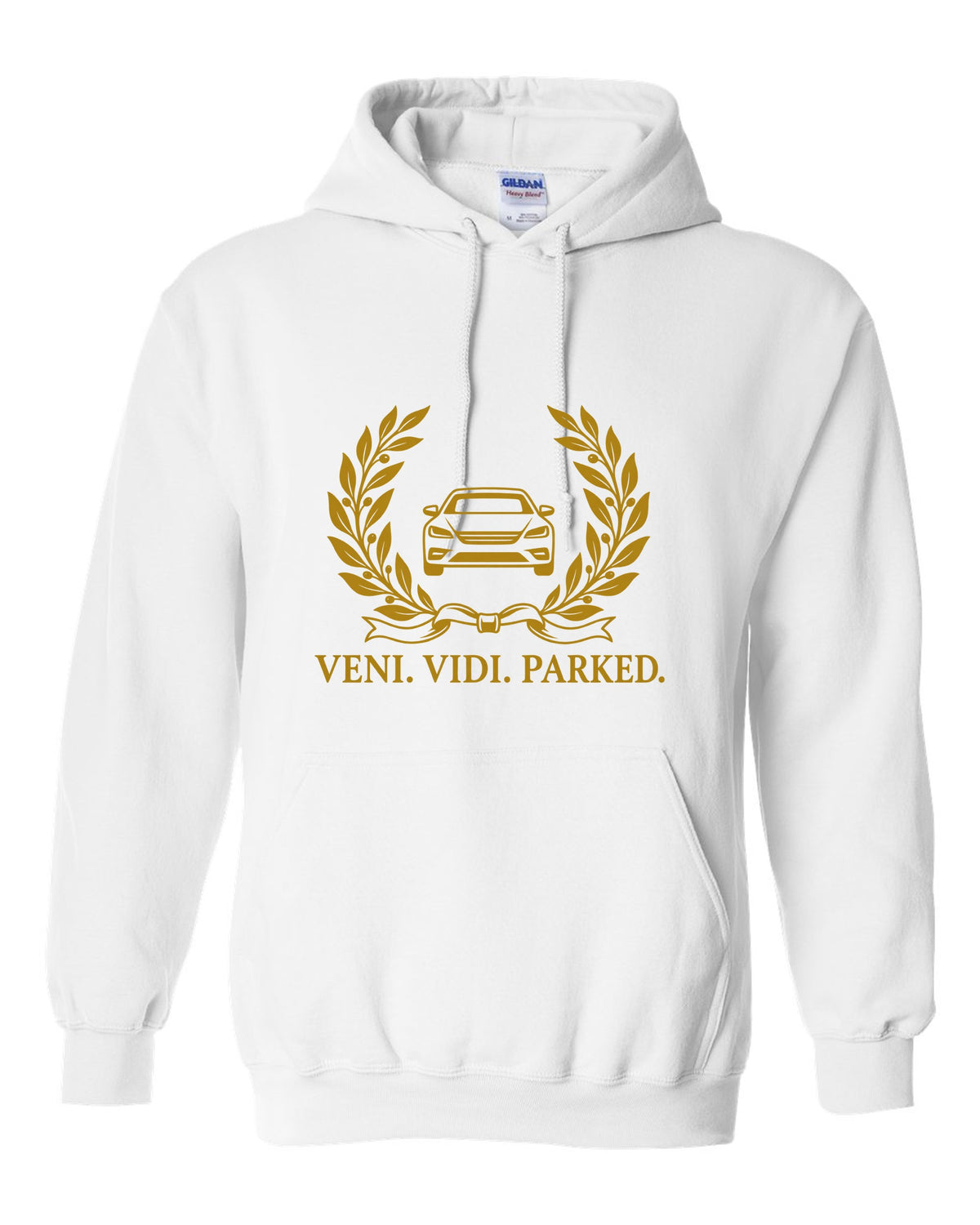 Olive branches and ribbon around a tiny front-view car white pull over hoodie front view with the design