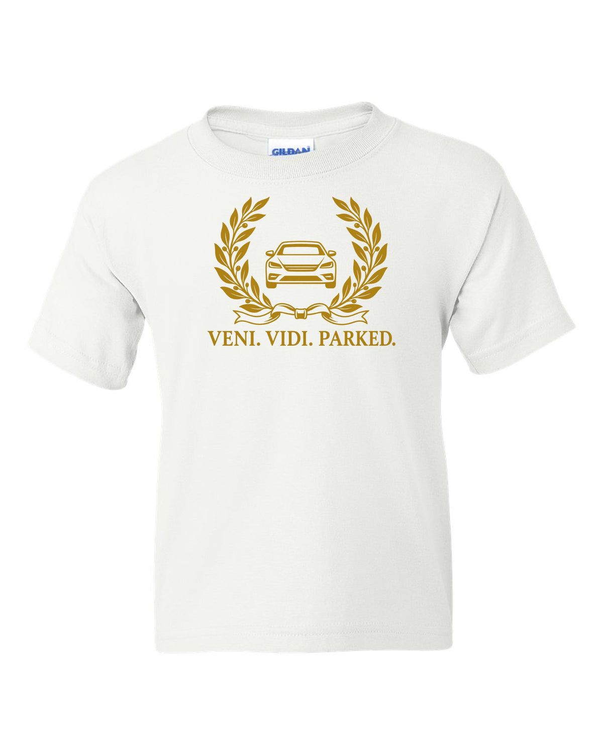 Olive branches and ribbon around a tiny front-view car white kids tee front view with the design