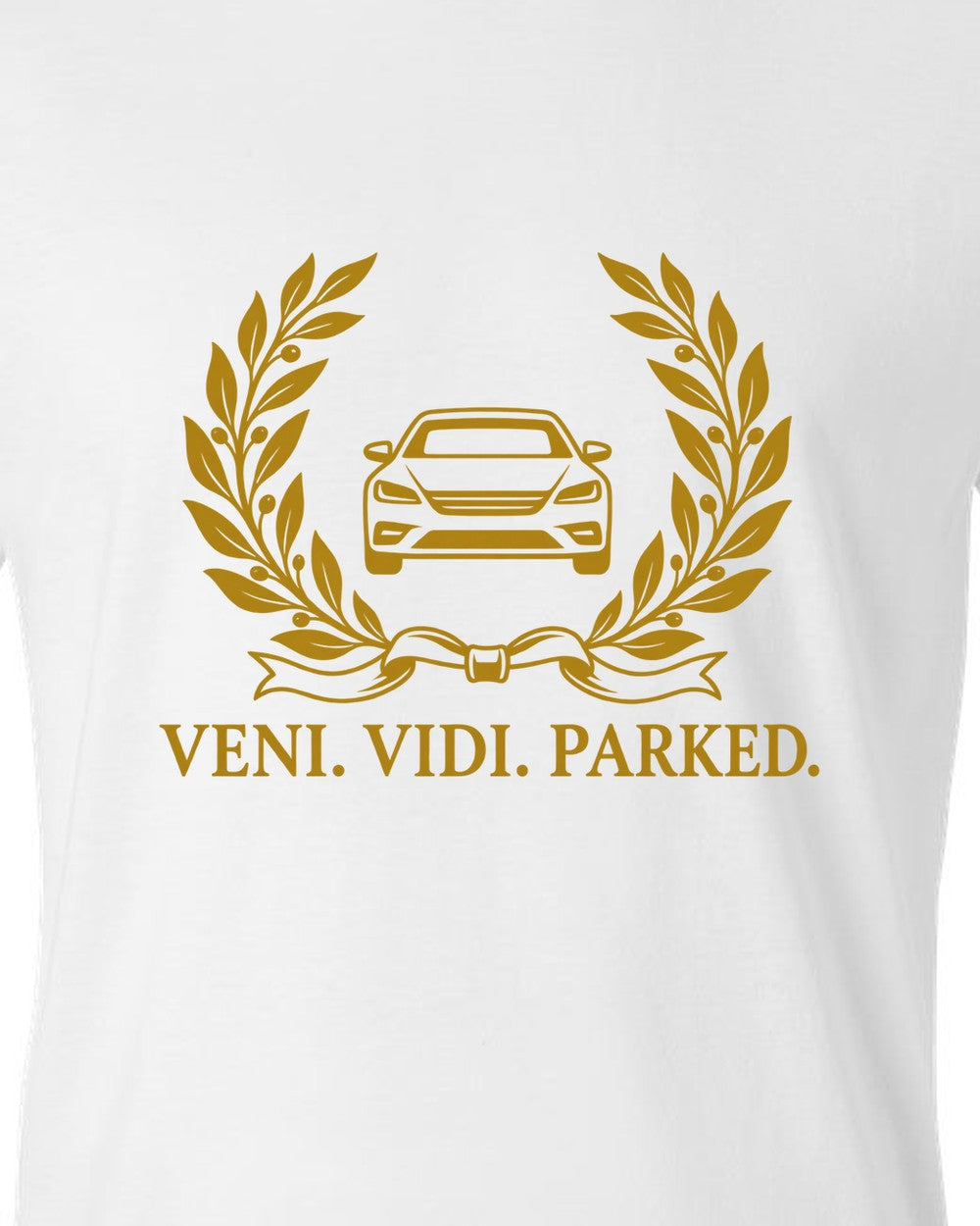 Olive branches and ribbon around a tiny front-view car white t-shirt close-up